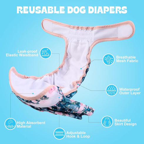 3 Pack NOYAL Washable Dog Diapers Female Reusable High Absorbency Leak-Proof Rose Pattern Doggie Diapers