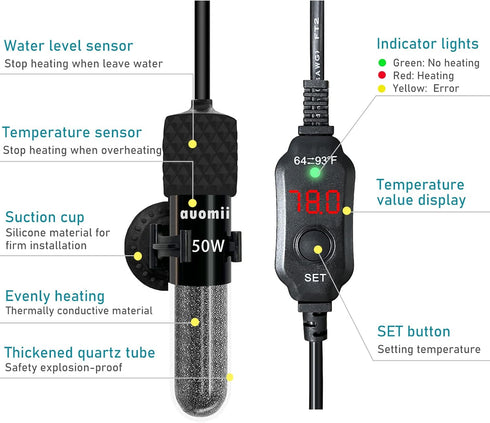 Small Submersible Aquarium Heater, Adjustable Mini Heater 25/50/100/150/200/300 Watts for 1-60 Gallons