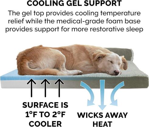 Furhaven Cooling Gel Dog Bed for Medium/Small Dogs, Removable Bolsters & Washable Cover, Two-Tone Plush Faux Fur, Dark
