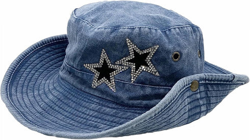 Y2K Crystal Star Washed Denim Cowboy Hat for Women, Foldable Bucket Sun Cap with String
