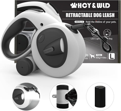 HCY&WLD Upgrade 4-in-1 Retractable Dog Leash - LED Light, Dispenser, Poop Bags, 16 ft Heavy Duty with Anti-Slip Handle