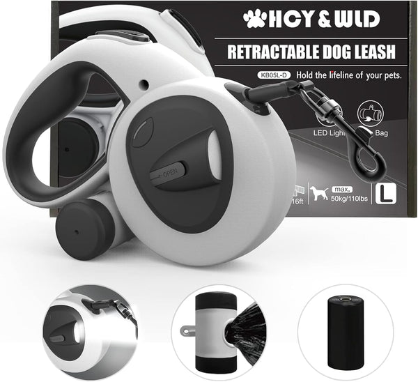 HCY&WLD Upgrade 4-in-1 Retractable Dog Leash - LED Light, Dispenser, Poop Bags, 16 ft Heavy Duty with Anti-Slip Handle