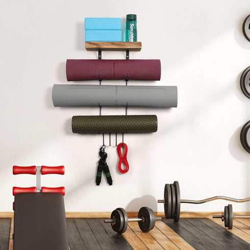 Yoga Mat Holder Accessories, Wall Mount Organizer with 4 Hooks, Storage Rack for Foam Roller, Towel, Yoga Mats