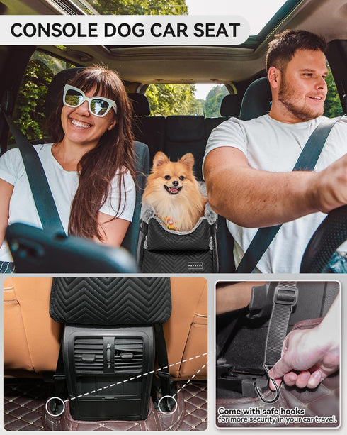 PETSFIT Center Console Dog Car Seat with Safety Hooks, Washable Cushion for Small Dogs Up to 9 Lbs (Black)