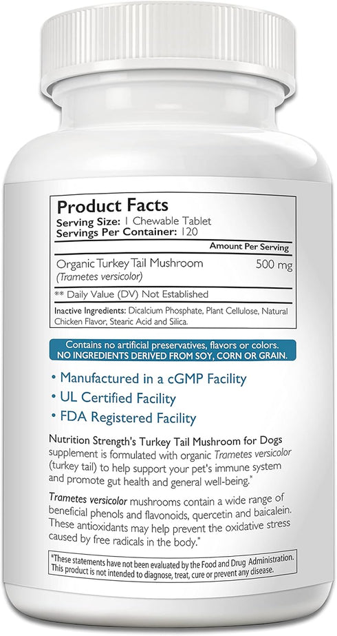 Turkey Tail Mushroom for Dogs, Supports Immune System, Gut Health, Antioxidant Activity - 120 Chewable Tablets