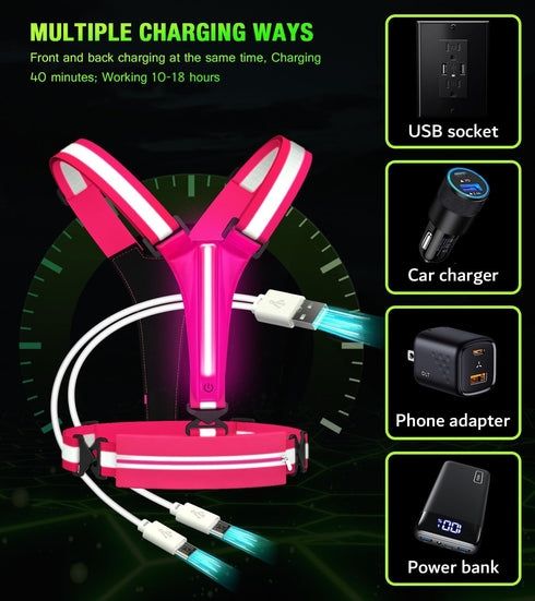LED Reflective Vest Running Gear Set, USB Rechargeable Light Up Vest for Night Walking, Waterproof Phone Bag & Armband