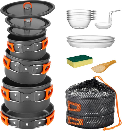 Odoland 15pcs Lightweight Non-Stick Camping Cookware Pots and Pans Set with Plastic Plates and Bowls