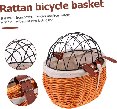 Woven Rattan Bike Basket Front Storage Basket for Pets and Groceries Wicker Design Breathable Comfortable Pet Carrier