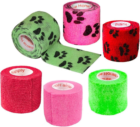 Prairie Horse Supply 2 Inch Vet Wrap Tape Bulk (Pack of 6) - Green, Pink, Red, Black Paw Prints