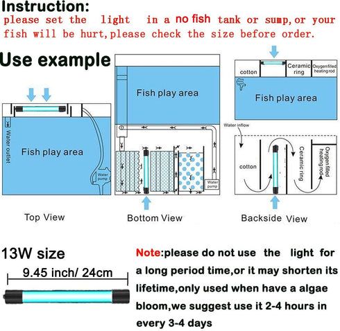 13W Timer Aquarium Clean Light, Algae Clear Green Bloom Clean Fish Tank Water Clean Lamp for Sump Pond Filter