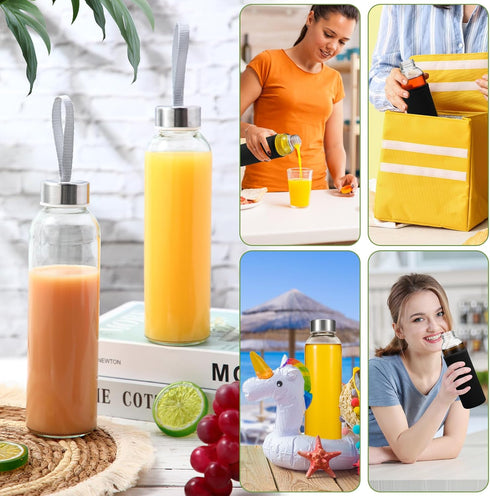 Vesici 12 Set 18 oz Clear Glass Water Bottles, Reusable Juicing Bottles with Protection Sleeve and Lids