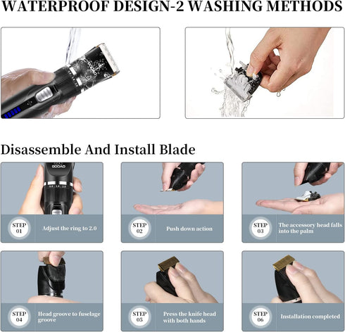 Dog Clippers Grooming Kit, Cordless, Low Noise, Rechargeable, Pet Hair Clippers for Thick Coats, Black