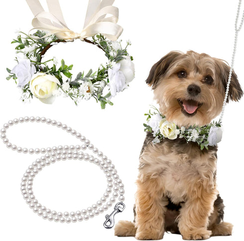 2 Pcs Dog Flower Collar Wedding and Leash Set with Pearls, Adjustable Floral Collars for Medium Dogs