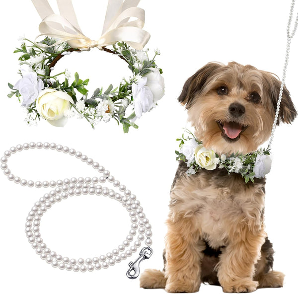 2 Pcs Dog Flower Collar Wedding and Leash Set with Pearls, Adjustable Floral Collars for Medium Dogs