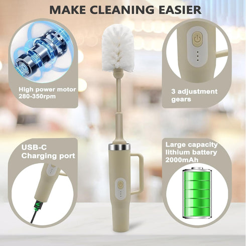 5-in-1 Long Handle Electric Bottle Brush Cleaner and Straw Cleaning Brush with Removable Brush Head, Multi-Function