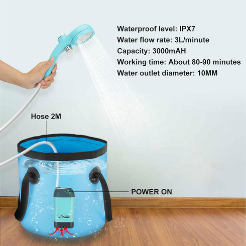 WADEO Portable Camping Shower, Outdoor Electric Rechargeable Pump with 20L Collapsible Bucket
