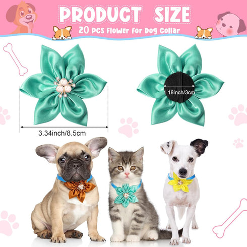 Reginary 20 Pcs Dog Collar Flowers 3.35 Inch Pet Flower Bow Ties Multi Color Dog Flower Dog Collar Bows for Puppy Dog Cat Pet Collar Grooming Accessories