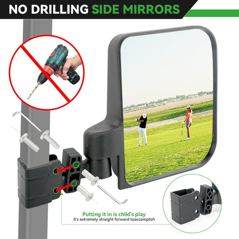 No Drilling Golf Cart Side Mirrors - HD Shatterproof Mirrors for EZGO Club Car Yamaha with Blind Spot