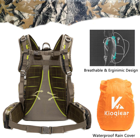 Hunting Backpack, Outdoor Gear Pack with Rain Cover, Durable Large Capacity Day Pack (KHAKI CAMO)