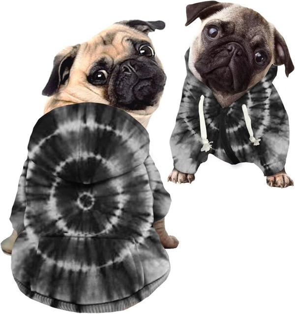 Howilath Pup Dog Hoodie - Stylish Tie-dye Black Radial Streetwear T Shirt Pet Outfit with Hat - L