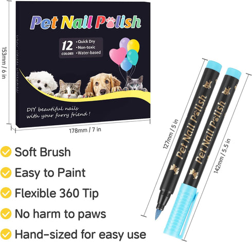 Dog Nail Polish Pens - Quick Dry, 12 Colors Safe Dog Nail Polish Set for DIY Pretty Nails, Non-Toxic, Pet Nail