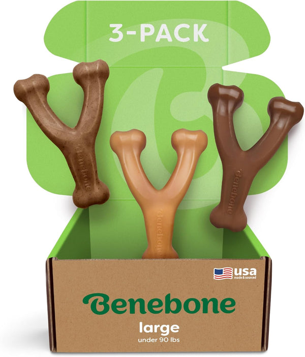 Large 3-Pack, Benebone Wishbone Durable Dog Chew Toy for Aggressive Chewers, Real