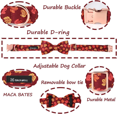 Maca Bates Fall Dog Collar with Bow Tie for Dogs, Adjustable Breakaway Collars with Autumn Leaves, Birthday Gift for
