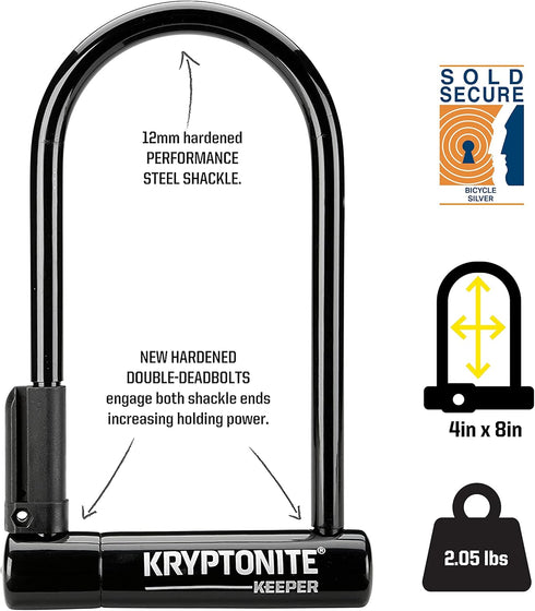 Kryptonite Keeper Bike U-Lock Standard with Braided Steel Cable - Heavy Duty Anti-Theft Bicycle U Lock, Black