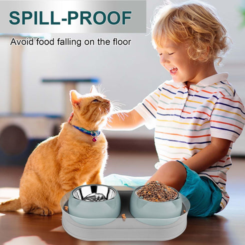 Elevated Cat Food Bowls - Raised Stainless Steel Bowls with Stand, Anti Vomiting, Double Bowl Set (Grayblue)