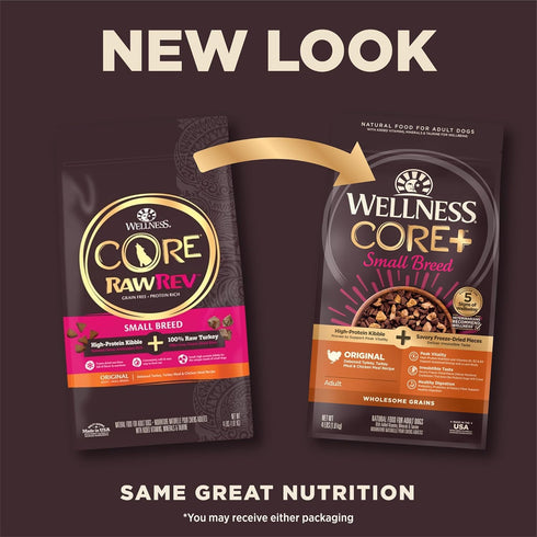 Wellness CORE+ Dry Small Dog Food with Wholesome Grains, Natural Ingredients, Made in USA with Real Freeze-Dried Meat (Adult, Small Breed, 4 lbs)
