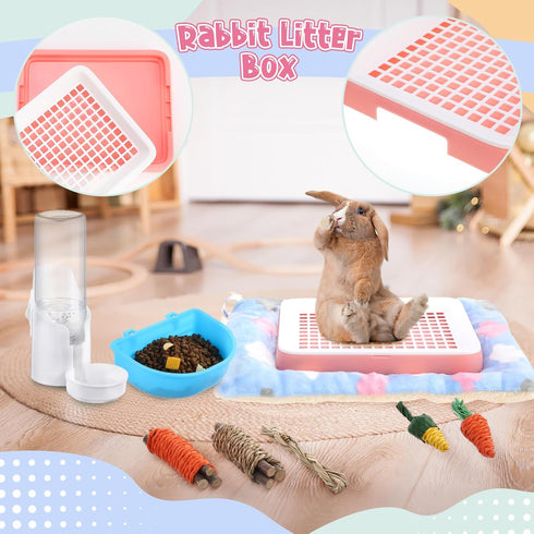 19 Set Pcs Rabbit Starter Kit Small Bunny Litter Box Rabbit Grooming Kit Water Bottle Bunny Toys Hay Feeder Bowl