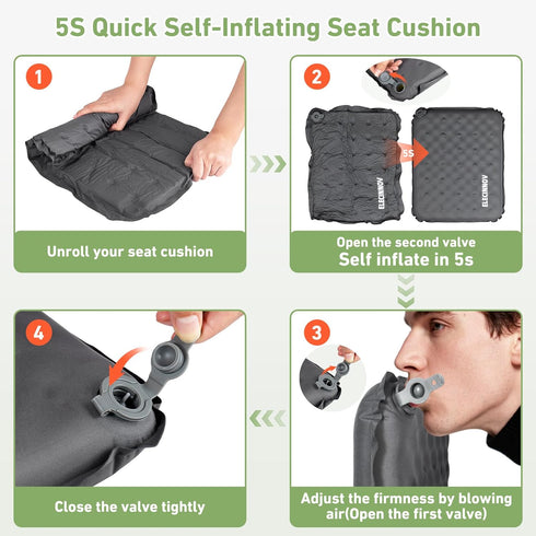 Backpacking (Grey-2pack) Inflatable Seat Cushion, Self Inflating Memory Foam Stadium Seat Cushion Lightweight Camping