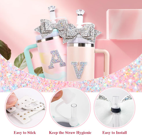 Water Bottle Accessories Set for Stanley Cup 30Oz, Includes Letter Charms, Diamond Straw Cover, Glitter Silicone Boot