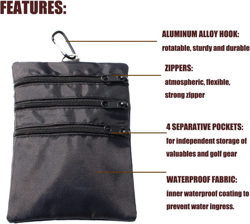 Golf Valuables Pouch, Zipper Golf Ball Bag with 4 Pockets for Accessories, Great Gift for Golfers