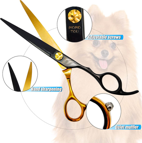 Black & Gold Professional Straight Dog Grooming Scissors, 7.5'' Japanese 440C Stainless Steel with Decorative Screw