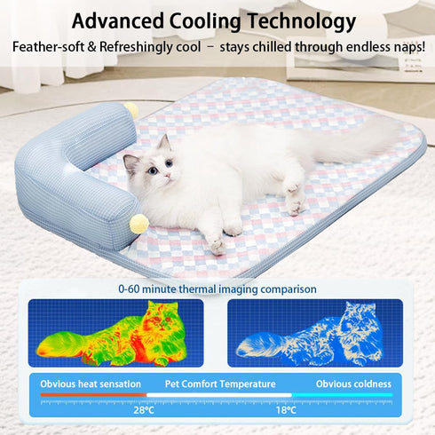 Lunale 21"x15"x4") All-Season Ice Fabric Cat Bed with Cushioned Pillow/Play Ball/Washable Mat for Cats, Kittens & Small