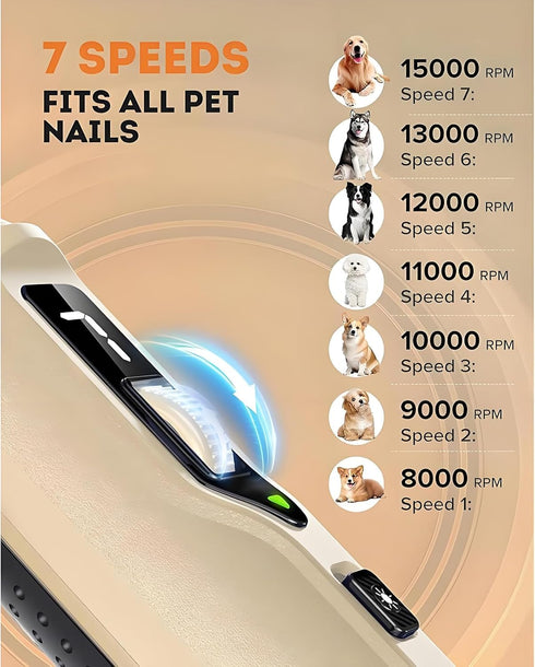 7-Speed Trimmer Dog Nail Grinder with Dust Collector, Powerful Nail for Dogs, Cats & Large Pets, Features LED Light