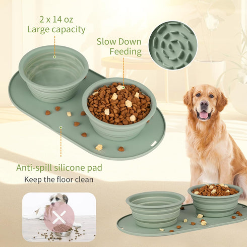 Puppy Dog Bowl, Collapsible Travel Bowls for Food and Water, No Spills, Suitable for Small and Medium Dogs (Green)