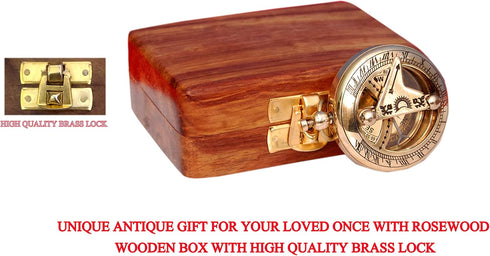 Brass Nautical Compass with Wooden Case - Antique Brass & Copper Sundial Compass for Camping, Hiking, Touring