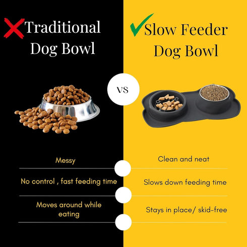 Slow Feeder Dog Bowls, No-Spill Non-Skid Silicone Mat, Stainless Steel Water Bowl for Dogs, Canine Karma