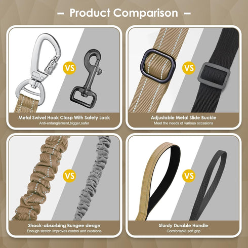 Tactical Dog Leash Heavy Duty 4-6ft, No Pull Bungee for Medium Large Dogs with Padded Double Handle, Brown