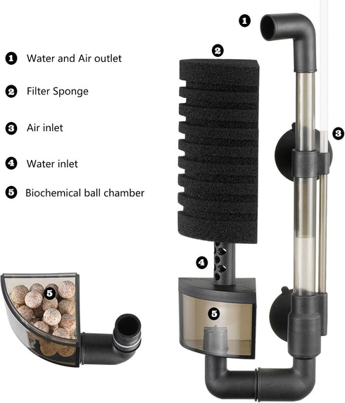 Carefree Fish Aquarium Filter Sponge, Quiet Bubble Filter with 3 Sponges and Filtered Ceramic Balls