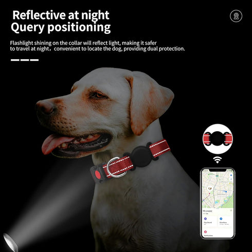 Dog Collar for Medium Large Breeds with 360° Waterproof Airtag Holder, Soft Reflective Nylon, Red