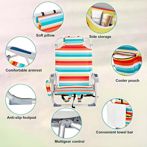 Generic Backpack 5 Folding Beach Chair, Portable Camping Chairs with Headrest, Cup Holder & Armrests, Beach Chairs
