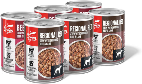 Pack: 12.8oz (6 Count, 3 ORIJEN Real Meat Shreds Wet Dog Food Variety Regional Red + Beef Recipes Cans of Each)