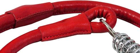 Round Genuine Rolled Leather Shock Absorbing Dog Leash, 3.5" Long, 1/2" Wide, Red for Large Breeds