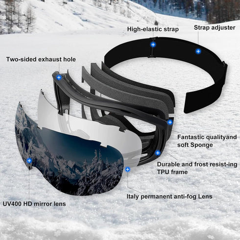 SPOSUNE OTG Ski Goggles, Men Women Over Glasses, Anti Fog Snowboard Goggles, UV Protection for Adult & Youth