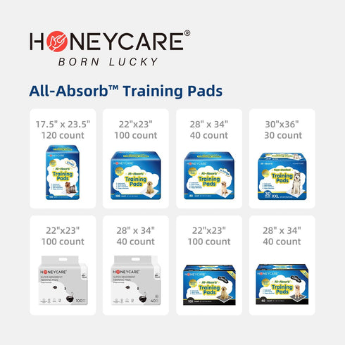 Honey Care All-Absorb Puppy Training Pads, Ultra Absorbent, Odor Eliminating, Leak-Proof 5-Layer 22"x23" Pads