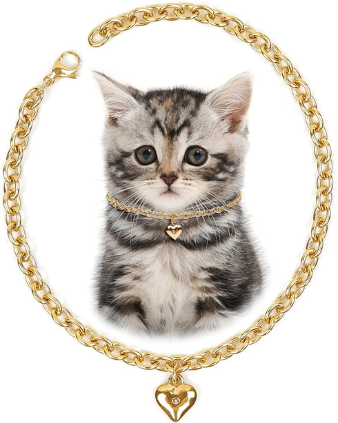 Dog Collar and Cat Chain Necklace, Stainless Steel Adjustable 18K Gold Heart-Shaped Necklace for Small Pets, Gold, 7
