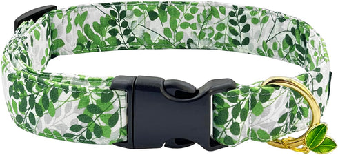 TEEMERRYCA Summer Comfortable Cotton Dog Collars, Green Leaf Print for Female Male Small Medium Large Dogs
